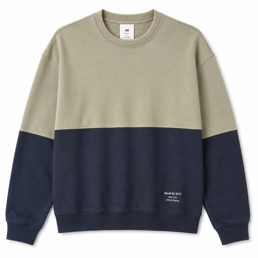 H&M Sweatshirt Mens Medium Green Navy 1056521 Colorblock Relaxed South Stories